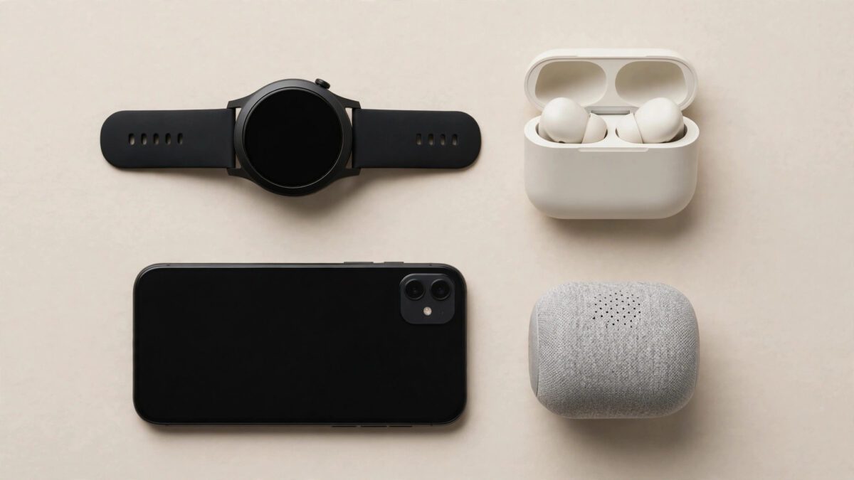 Collection of gadgets and wearables including a smartwatch, earbuds and smartphone representing consumer technology coverage