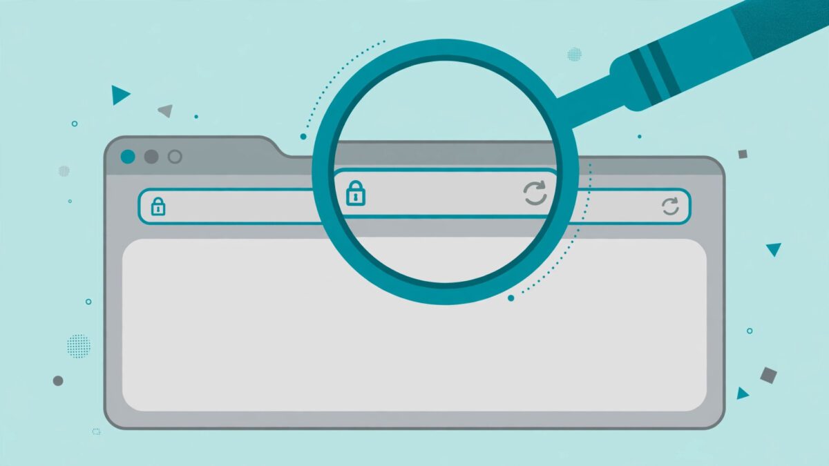 Illustration of a magnifying glass examining a web browser address bar, representing how to check if renvoit com is legit