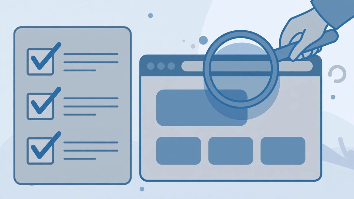 Magnifying glass and checklist over a generic browser window illustrating how to verify a website's legitimacy
