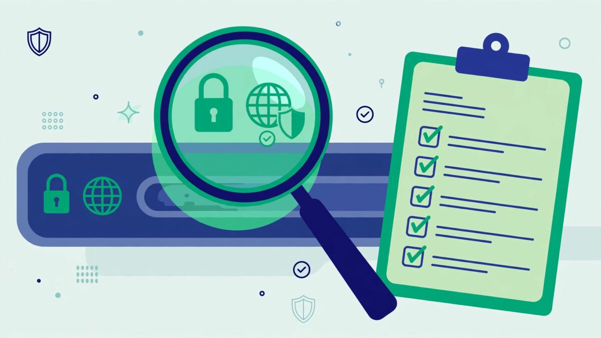 Magnifying glass checking a website address bar with a safety and credibility checklist beside it