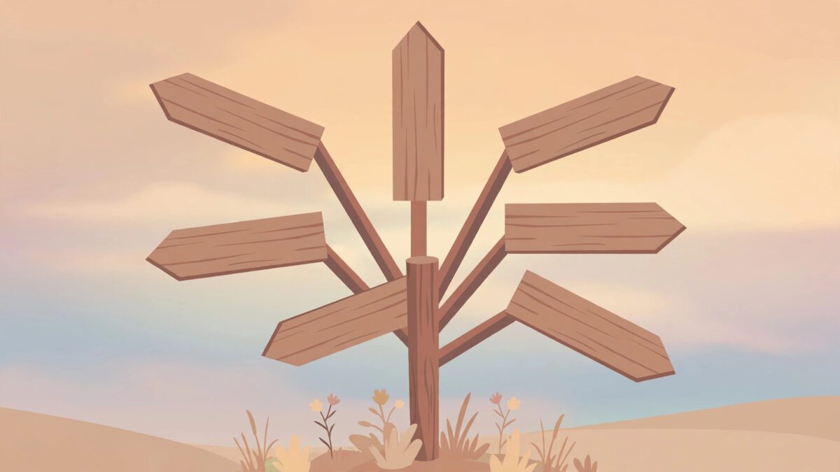 Illustration of signposts pointing in different directions, representing conflicting online descriptions of renvoit com