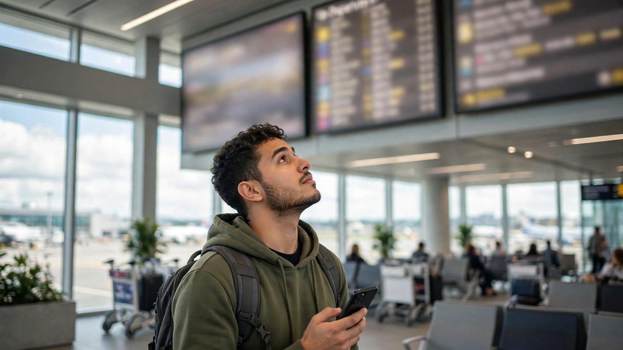 Flexible traveller at an airport checking flight deals from their home departure city
