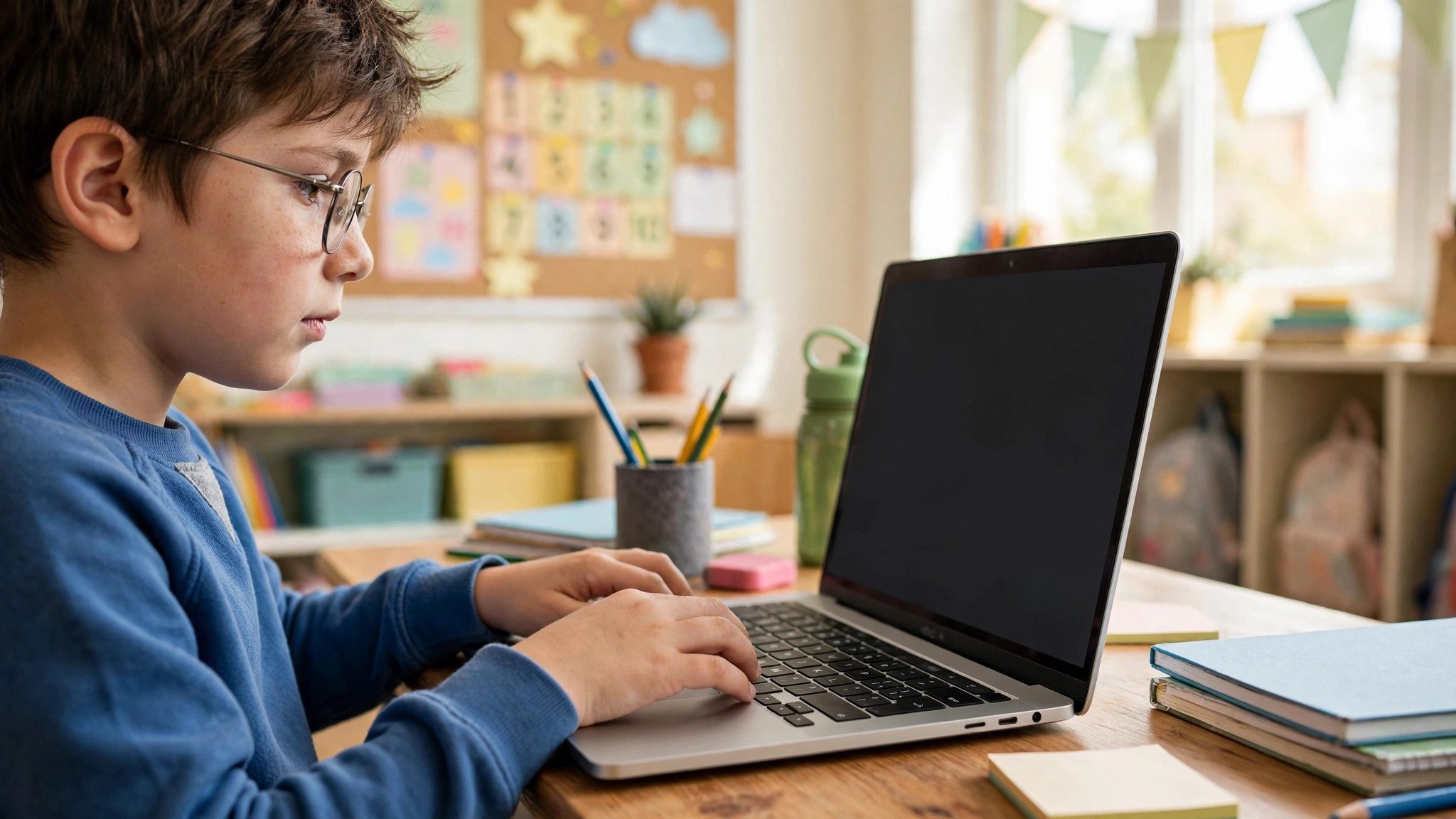 Child learning touch typing on a laptop with correct home row finger placement