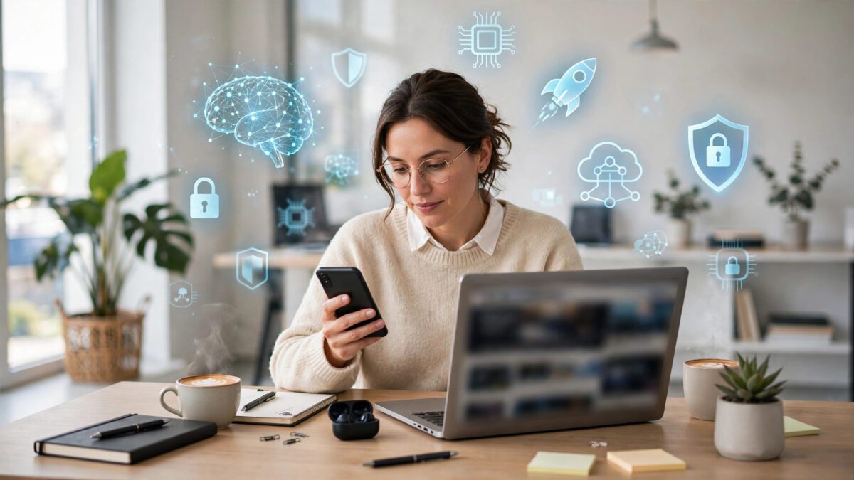 Reader browsing a technology news website covering AI, startups and cybersecurity on a laptop and smartphone