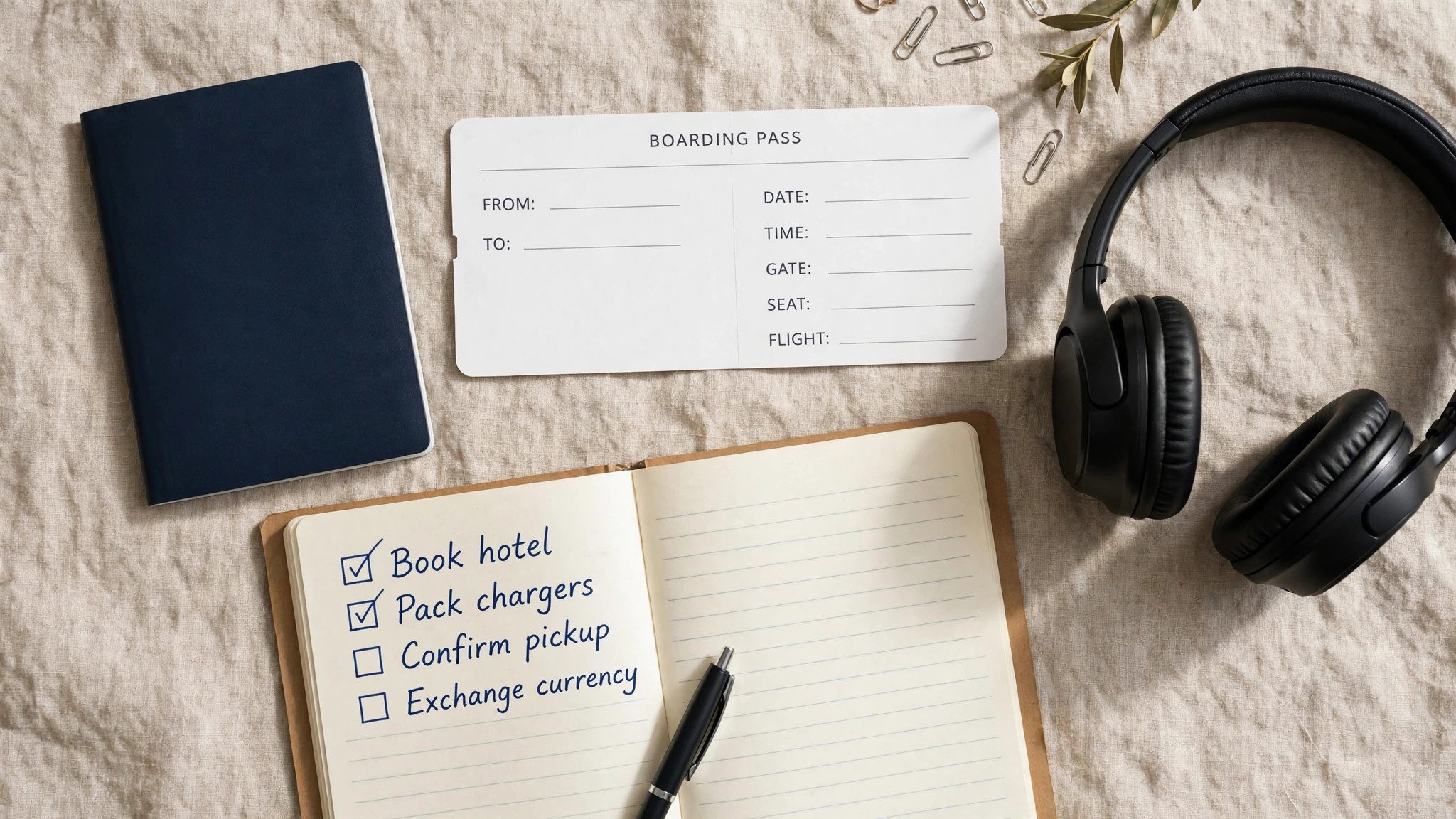 Travel planning flat lay with a checklist for verifying flight deal prices before booking