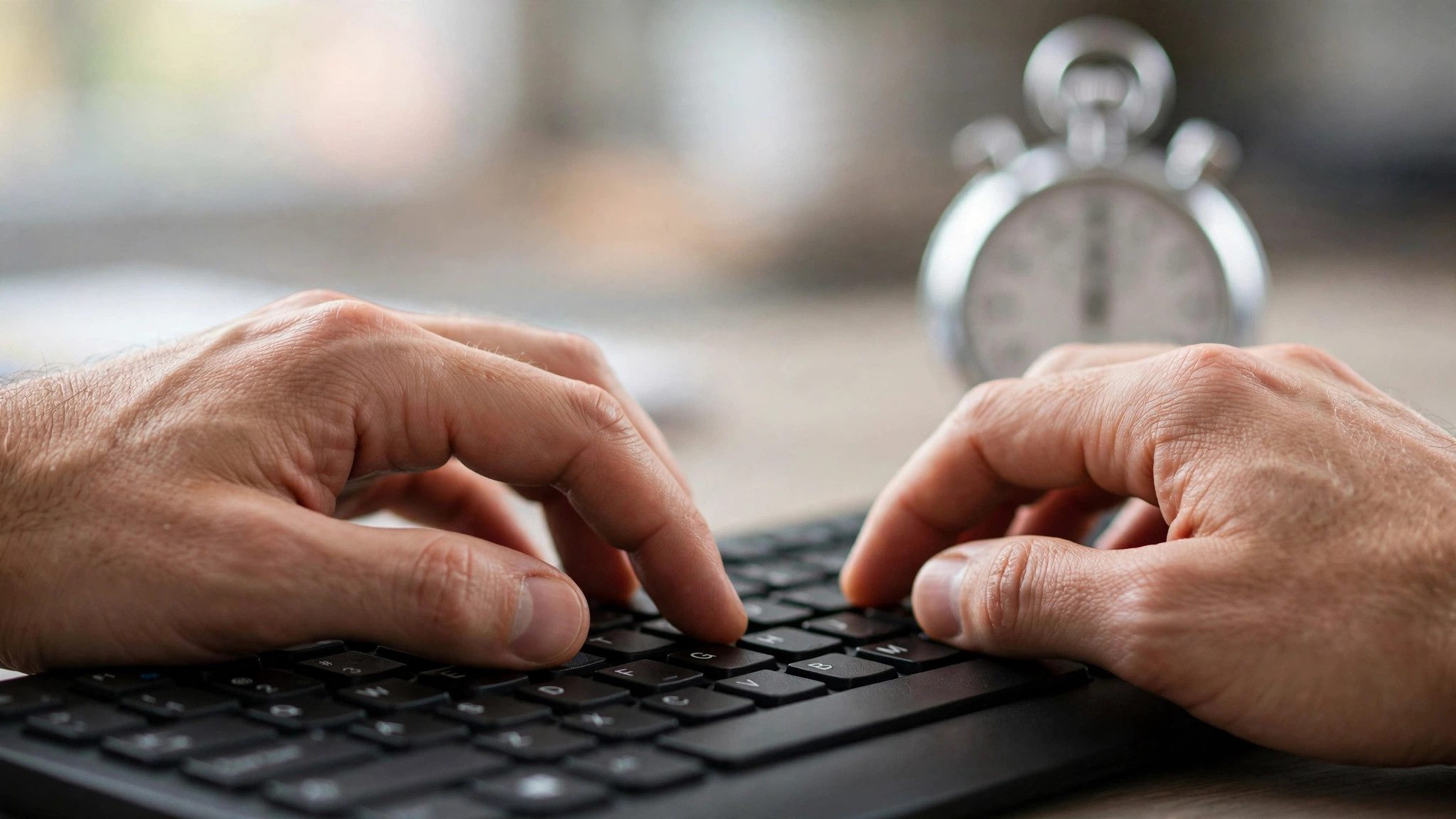 Hands taking a timed typing test on a computer keyboard to measure speed and accuracy